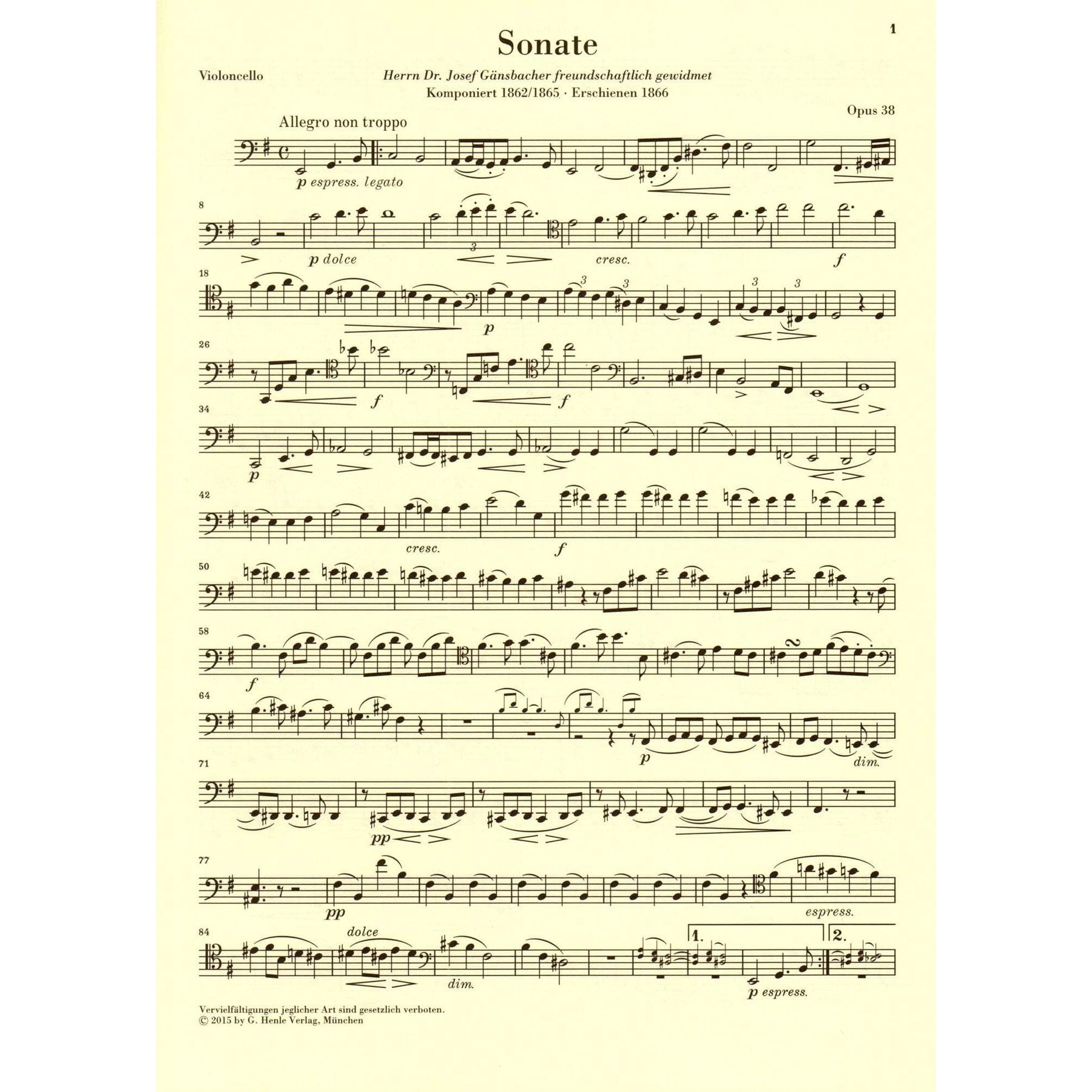 Brahms, Johannes - Sonata No 1 in e minor Op 38 for Cello and Piano - Henle Verlag URTEXT Edition