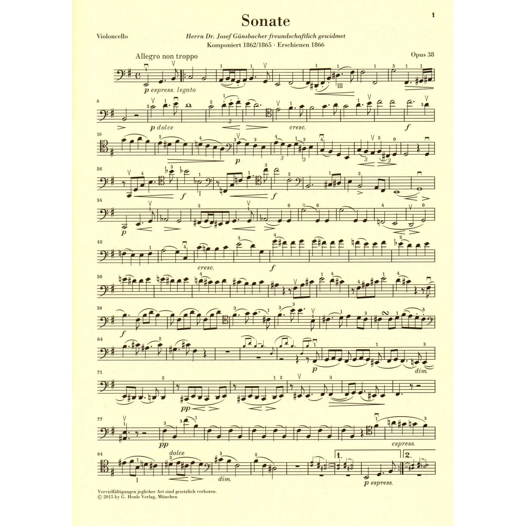 Brahms, Johannes - Sonata No 1 in e minor Op 38 for Cello and Piano - Henle Verlag URTEXT Edition
