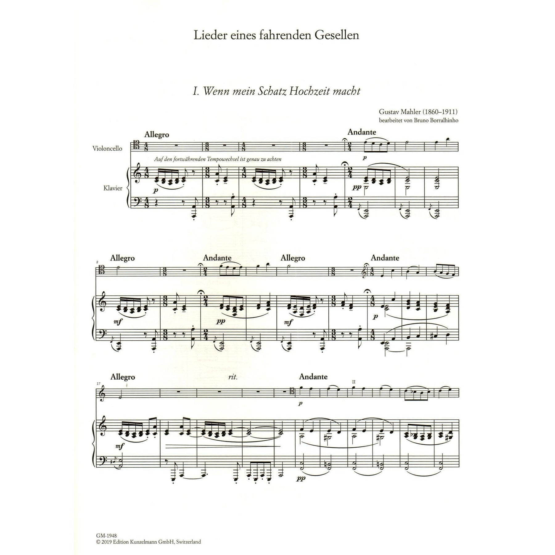 Mahler, G. - Lieder eines fahrenden Gesellen ("Songs of Wayfarer") - for Cello and Piano - arranged by Bruno Borralhinho - Edition Kunzelmann