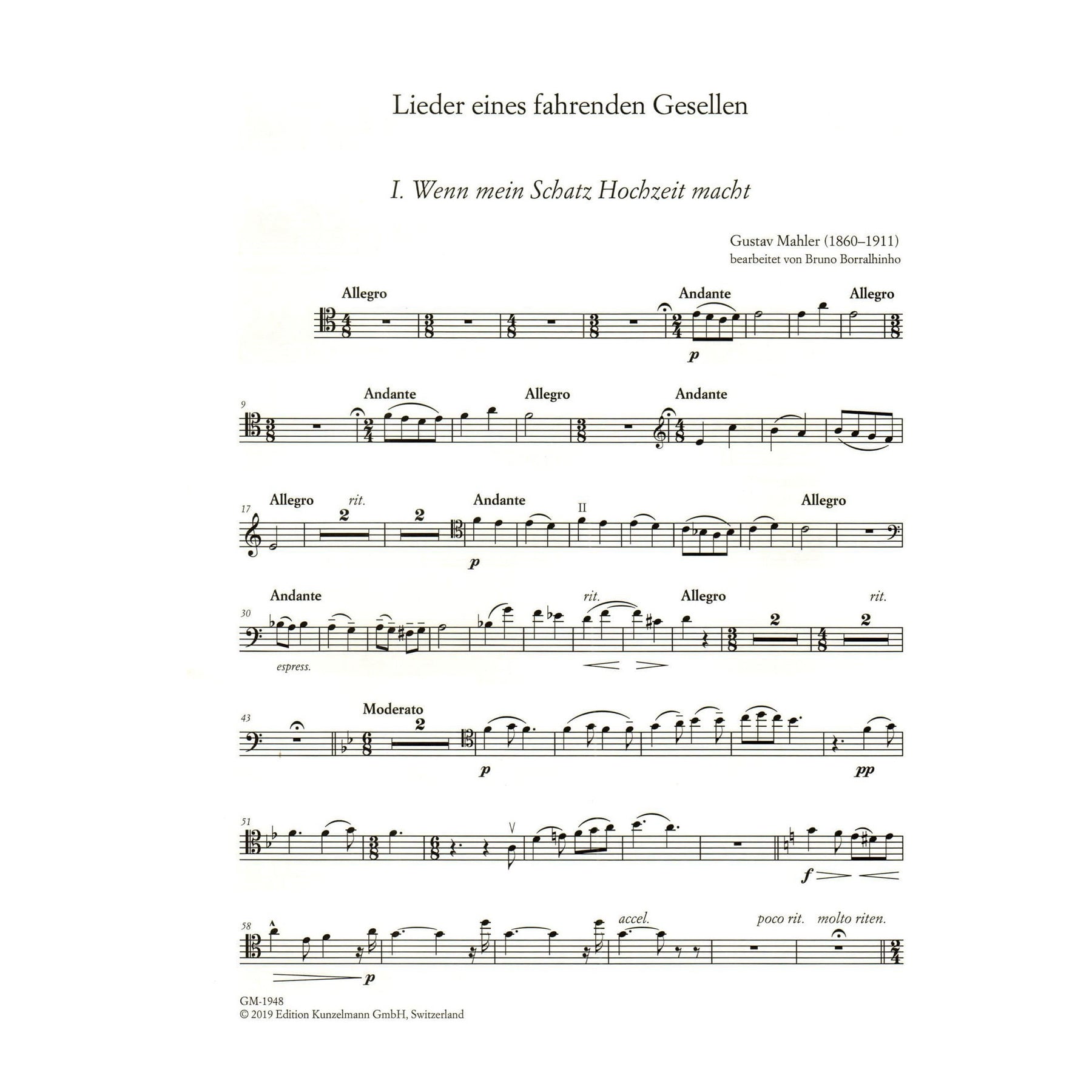 Mahler, G. - Lieder eines fahrenden Gesellen ("Songs of Wayfarer") - for Cello and Piano - arranged by Bruno Borralhinho - Edition Kunzelmann