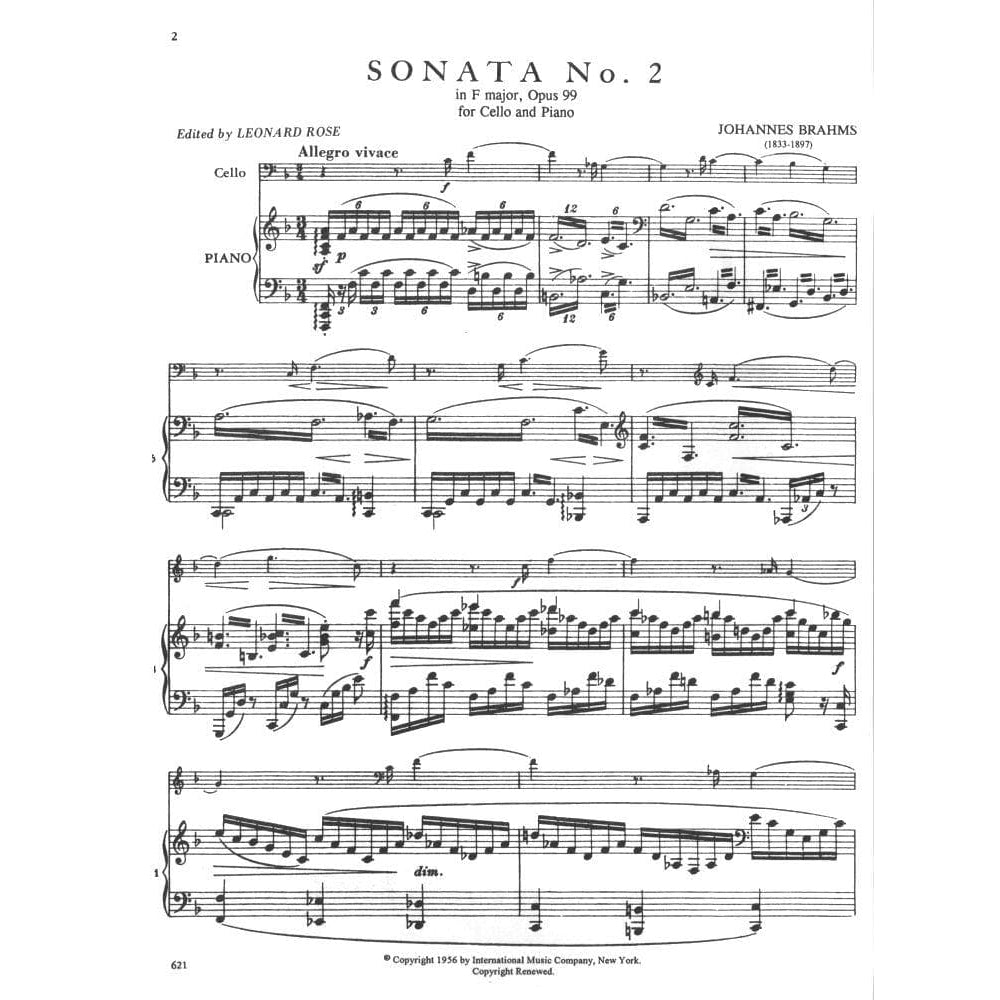 Brahms, Johannes - Cello Sonata No 2 in F Major, Op 99 - Cello and Piano - edited by Rose - International Music Company
