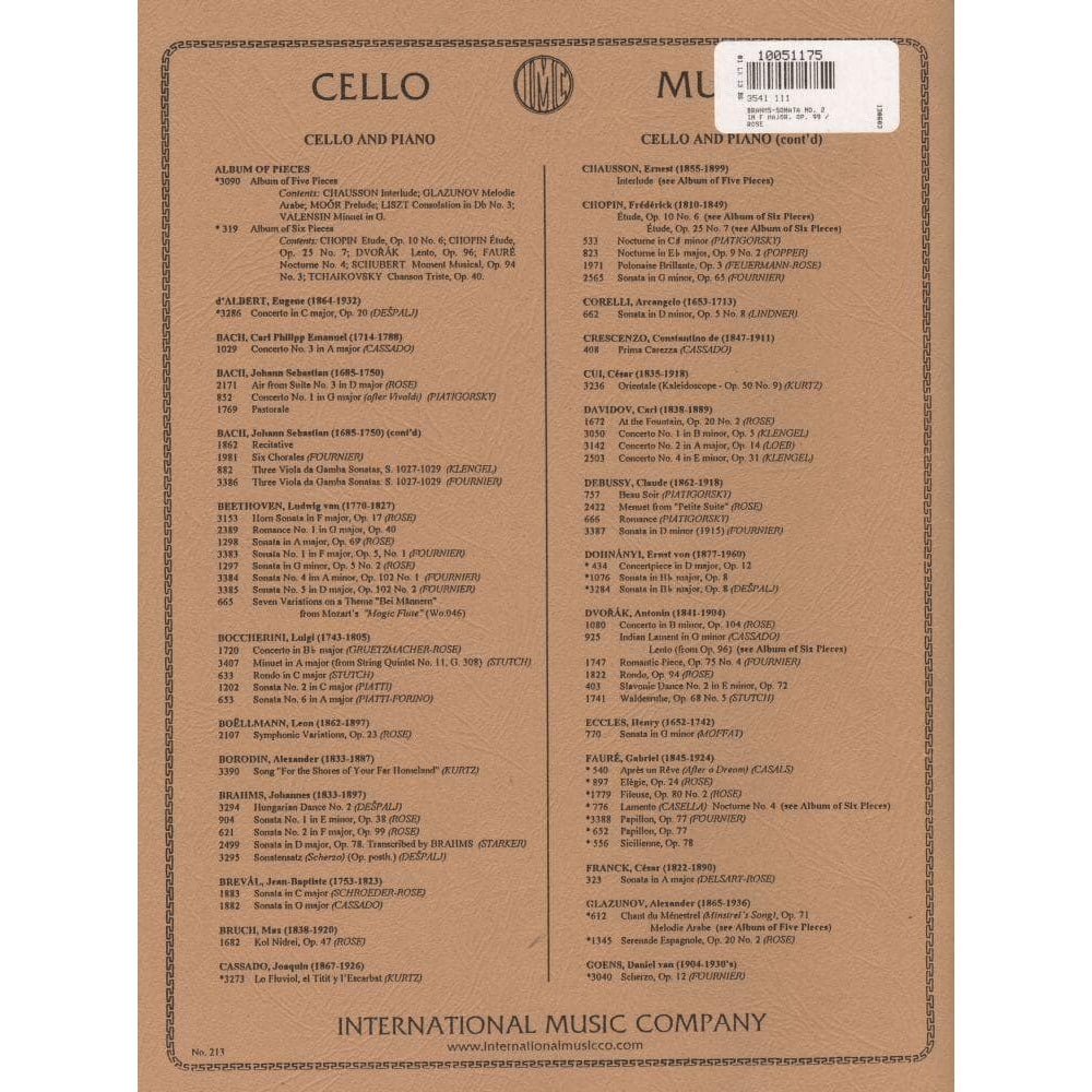 Brahms, Johannes - Cello Sonata No 2 in F Major, Op 99 - Cello and Piano - edited by Rose - International Music Company