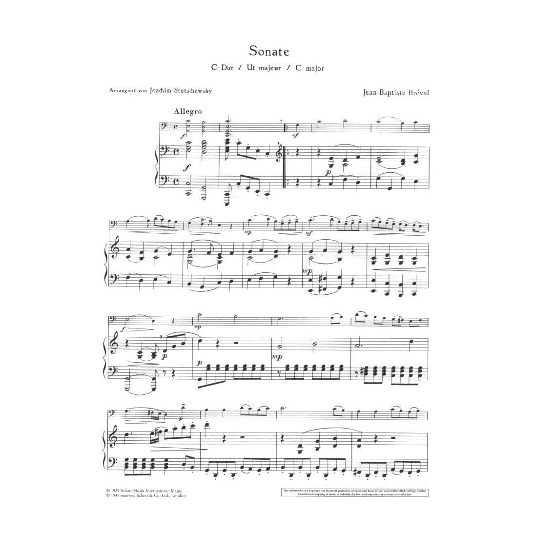 Cello Sonata in C Major - Breval, JB - Cello and Piano - arranged by Stutschewsky - Schott