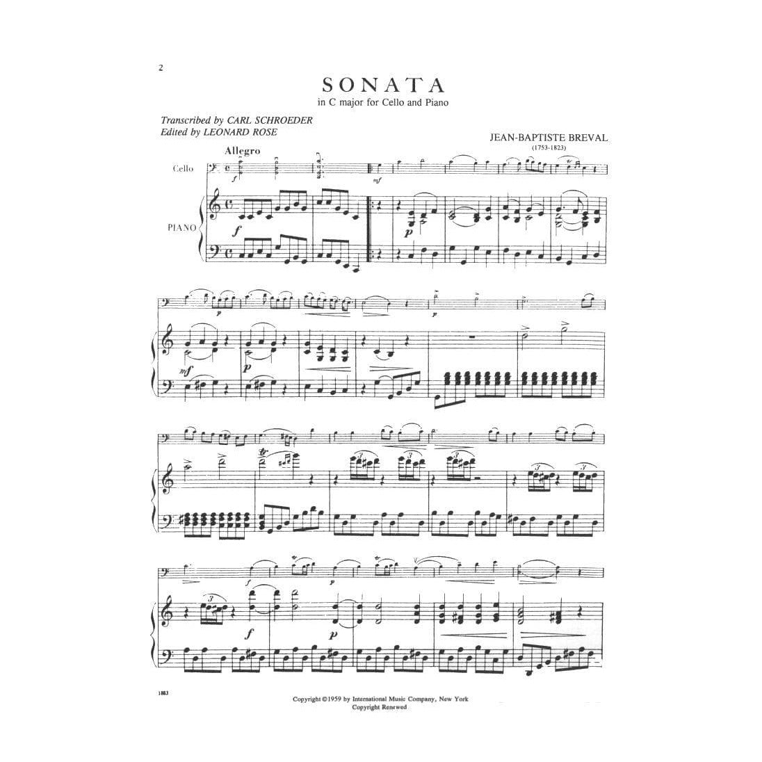 Cello Sonata in C Major - Breval, JB - Cello and Piano - edited by Rose - International Music Company