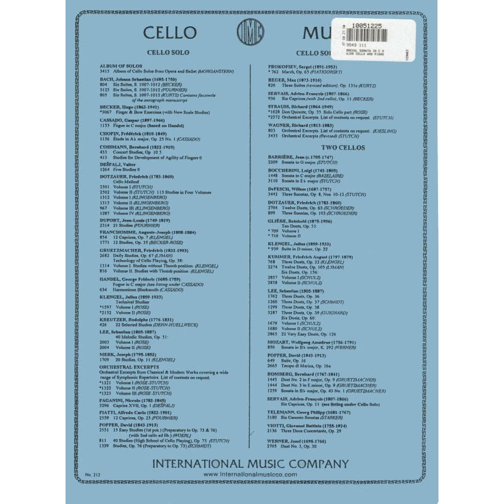 Cello Sonata in C Major - Breval, JB - Cello and Piano - edited by Rose - International Music Company