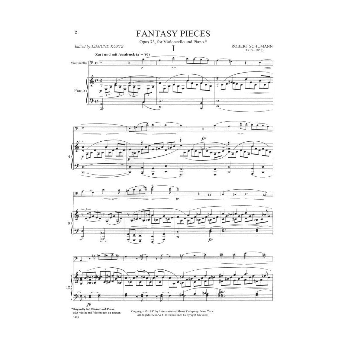 Fantasy Pieces, Op 73 - Schumann, Robert - Cello and Piano - edited by Kurtz - International Music Company