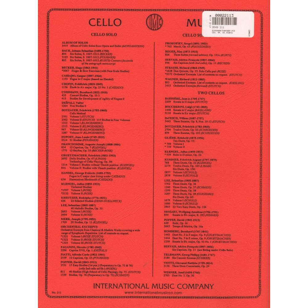 Fantasy Pieces, Op 73 - Schumann, Robert - Cello and Piano - edited by Kurtz - International Music Company
