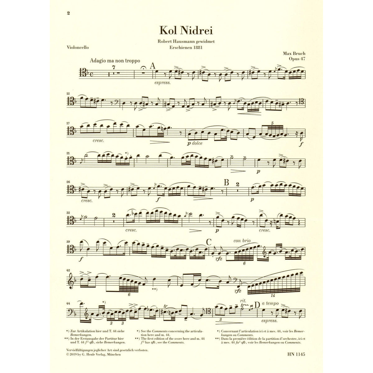 Bruch, M. - Kol Nidrei, op. 47 - for Cello and Piano - G Henle Verlag URTEXT
