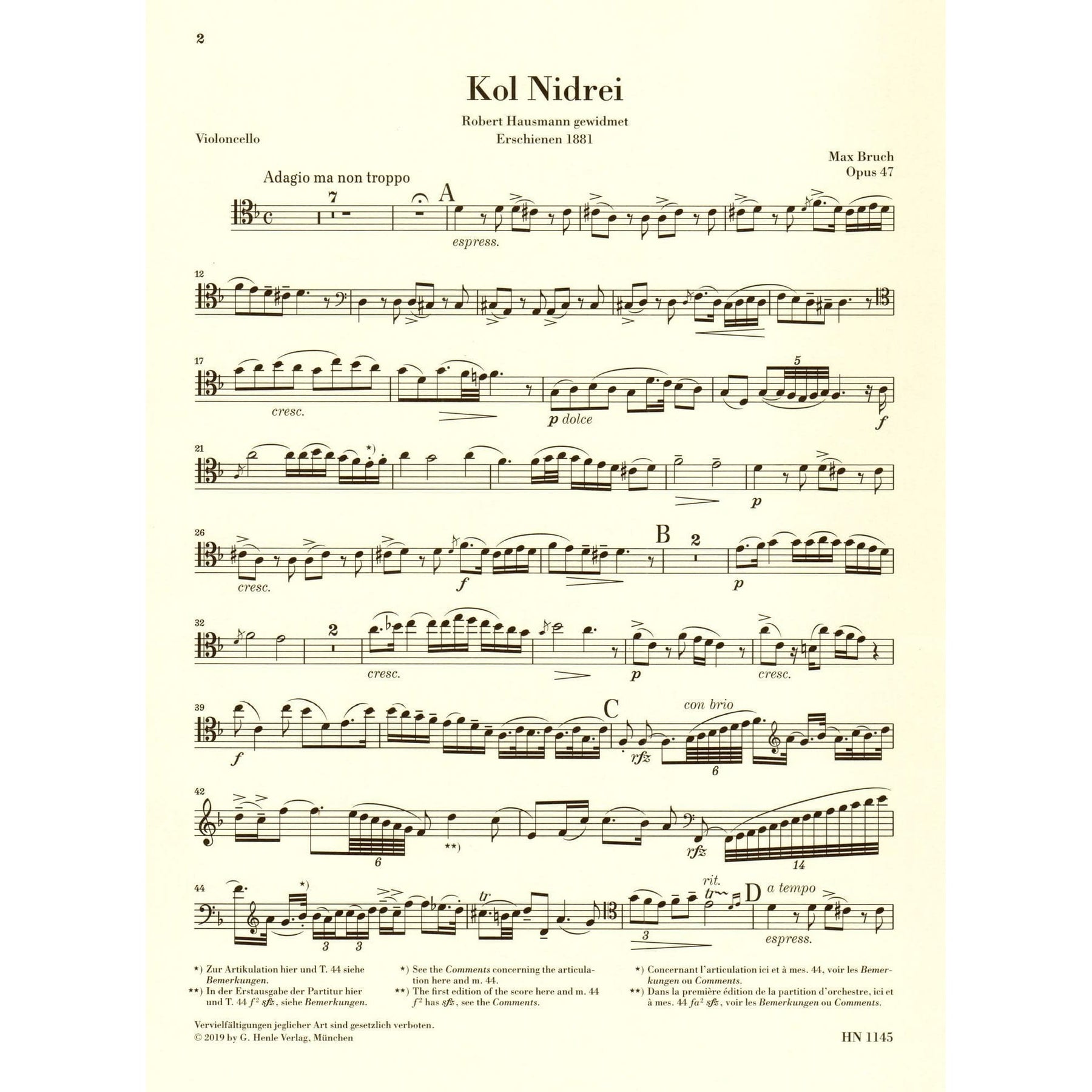 Bruch, M. - Kol Nidrei, op. 47 - for Cello and Piano - G Henle Verlag URTEXT