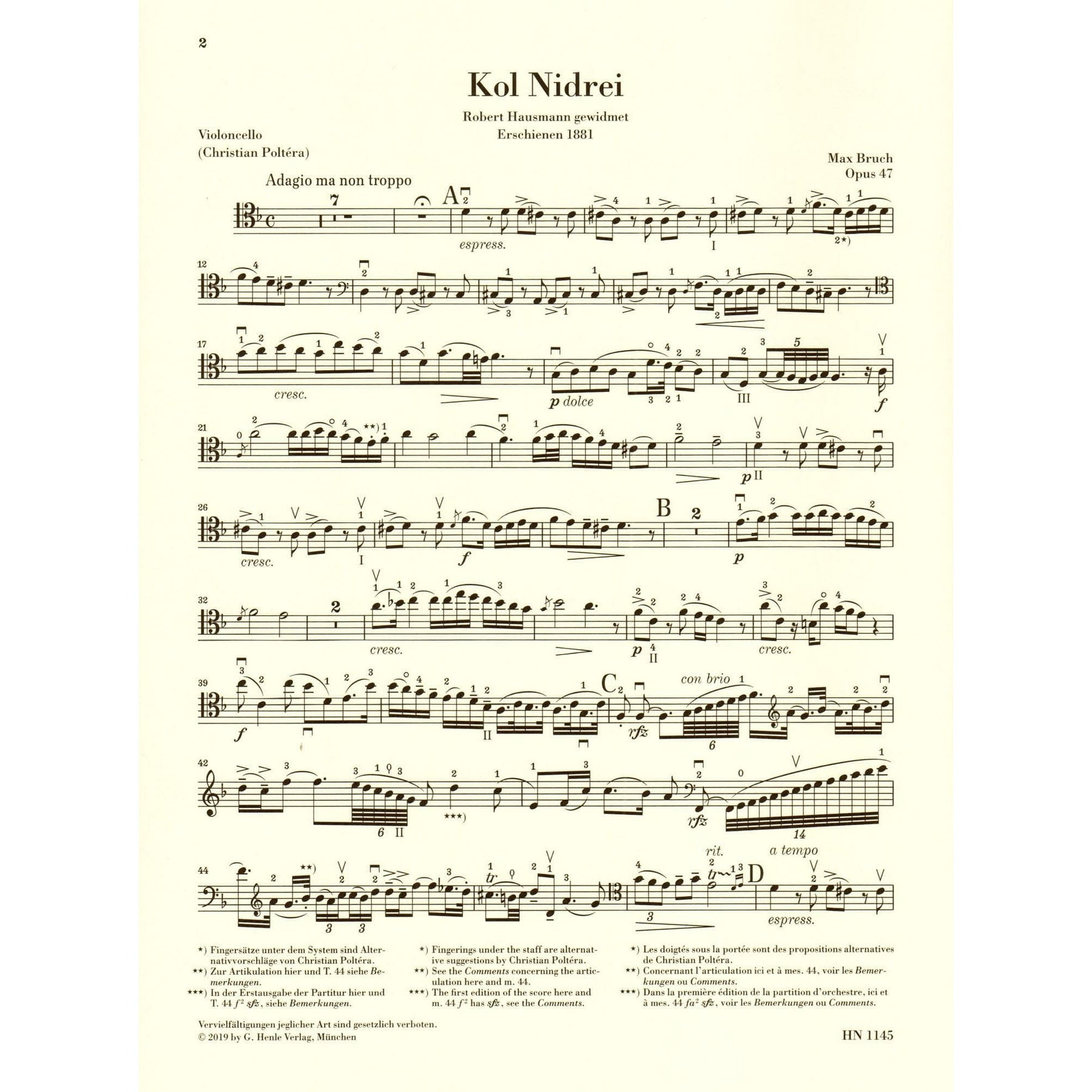 Bruch, M. - Kol Nidrei, op. 47 - for Cello and Piano - G Henle Verlag URTEXT
