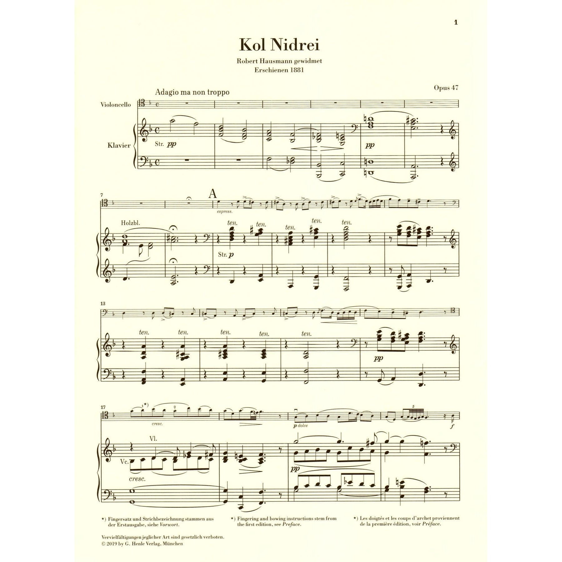 Bruch, M. - Kol Nidrei, op. 47 - for Cello and Piano - G Henle Verlag URTEXT
