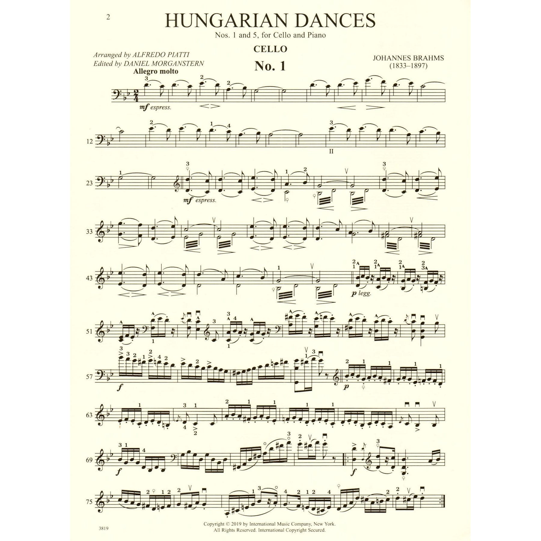 Brahms, Johannes - Hungarian Dances Nos. 1 and 5 - for Cello and Piano - Arranged by Piatti - International