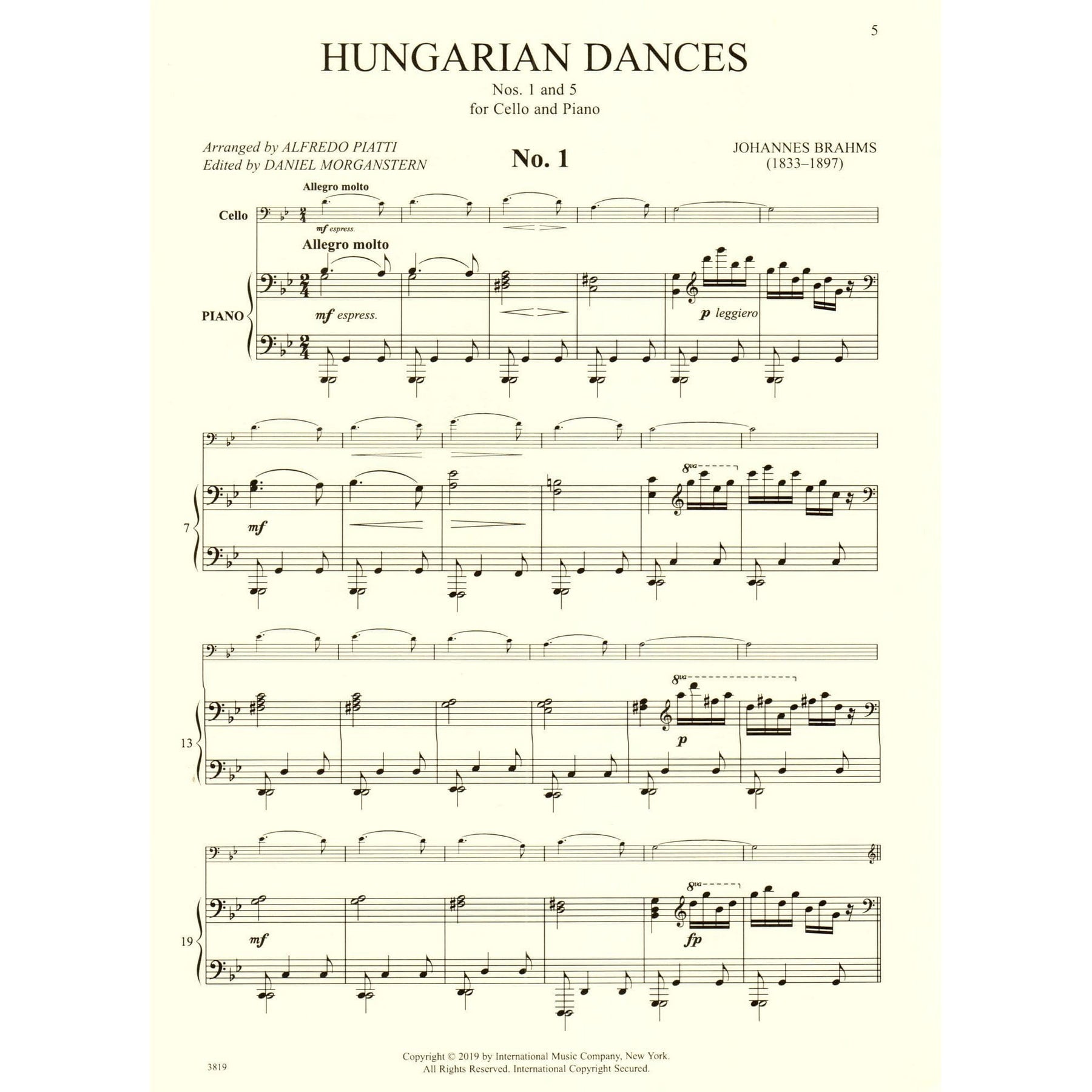 Brahms, Johannes - Hungarian Dances Nos. 1 and 5 - for Cello and Piano - Arranged by Piatti - International