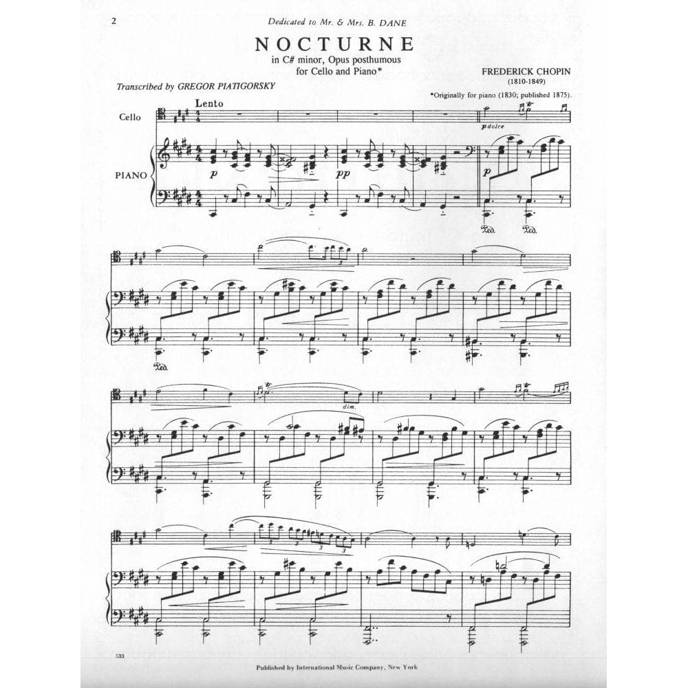 Nocturne in C-Sharp Minor, Op posth - Chopin, Frederic - arranged by Piatigorsky - International Music Company