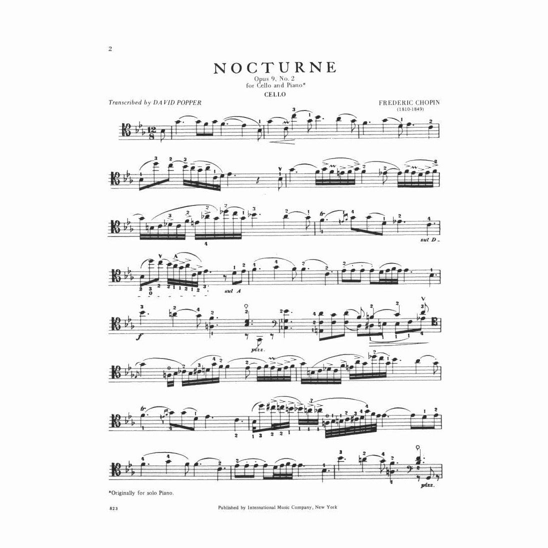Nocturne in E-flat Major, Op 9 No 2 - Chopin, Frederic - Cello and Piano - arranged by David Popper - International Music Company