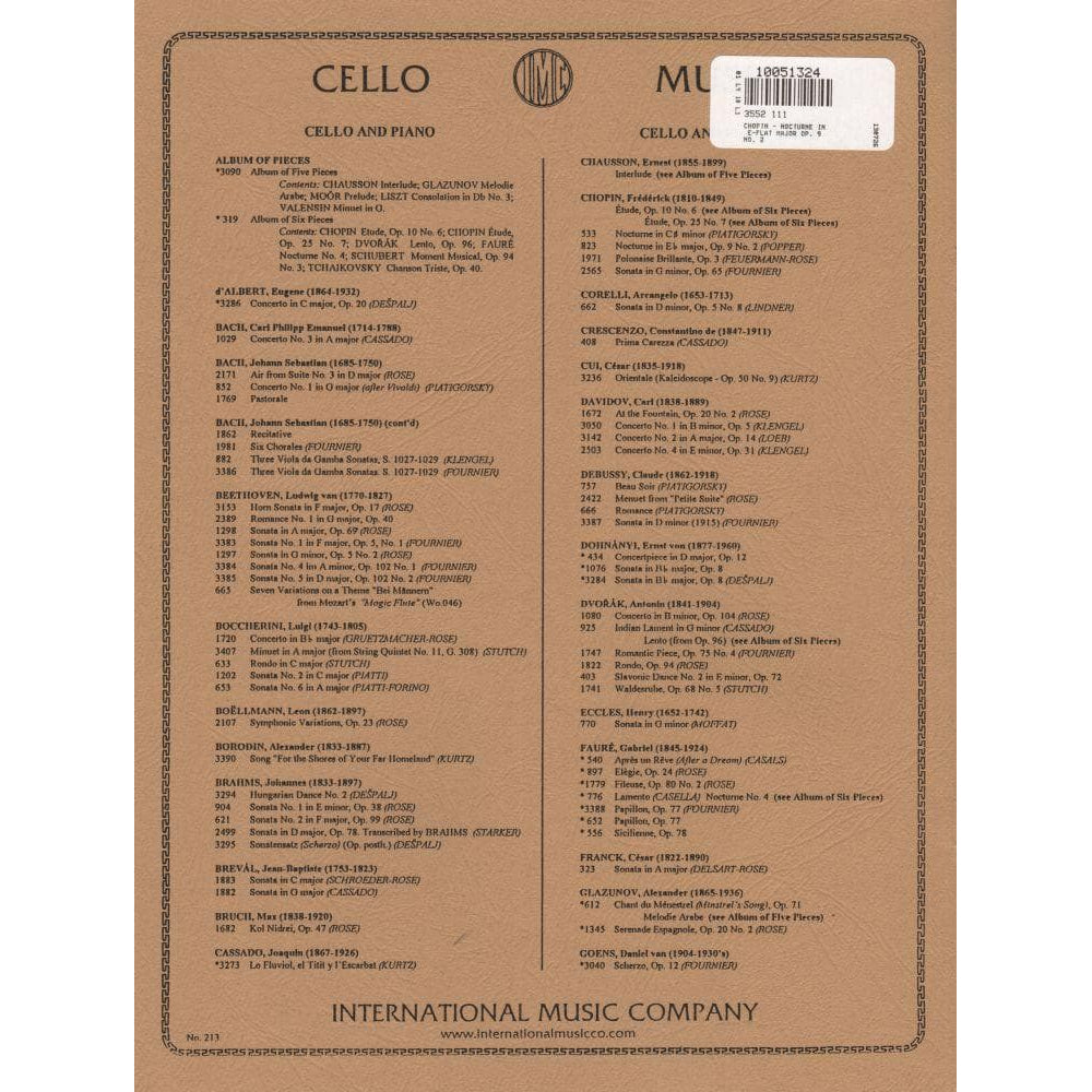 Nocturne in E-flat Major, Op 9 No 2 - Chopin, Frederic - Cello and Piano - arranged by David Popper - International Music Company