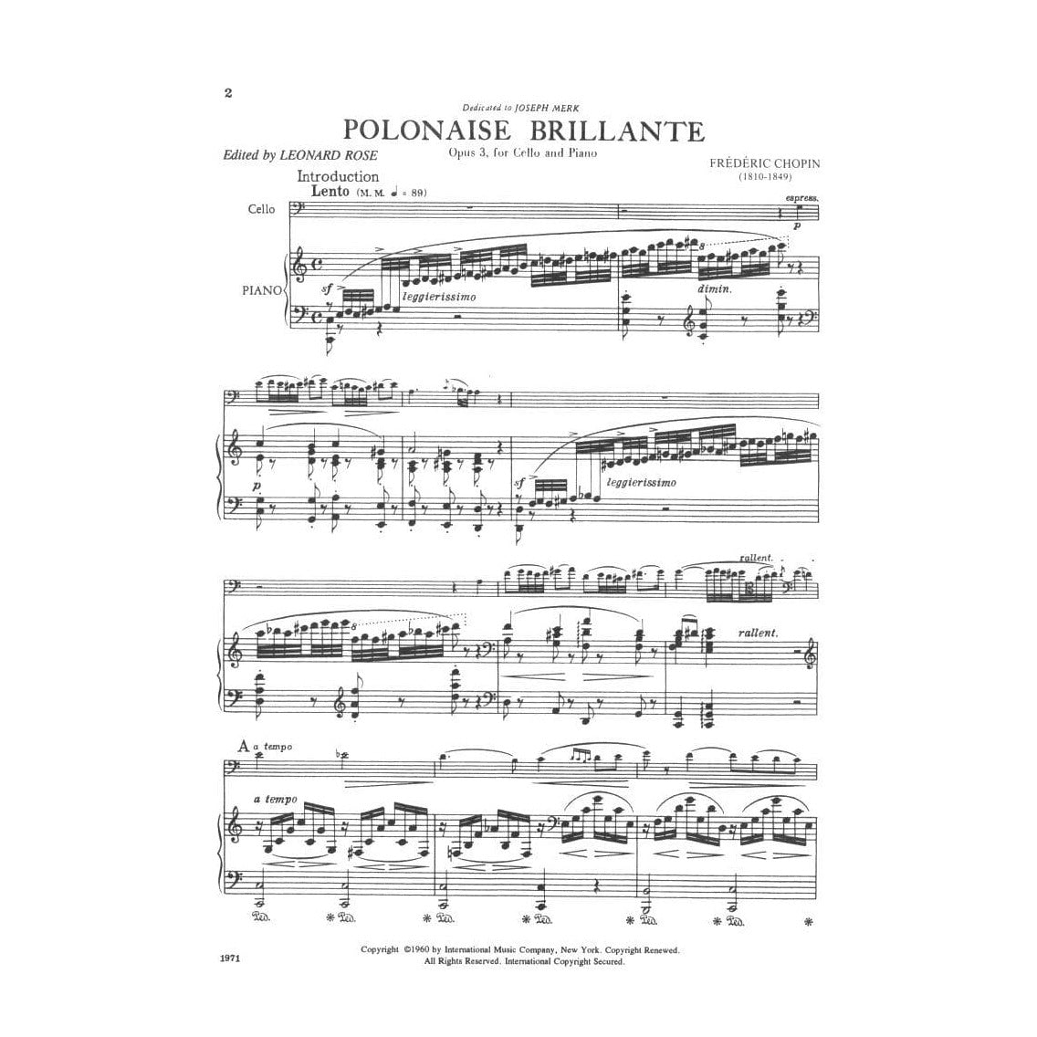 Polonaise Brillante, op 3 - Chopin, Frederic - Cello and Piano - edited by Rose - International Music Company