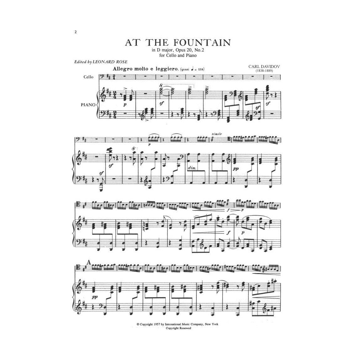 At the Fountain in D Major, Op 20 No 2 - Davidov, Carl - Cello and Piano - edited by Rose - International Music Company