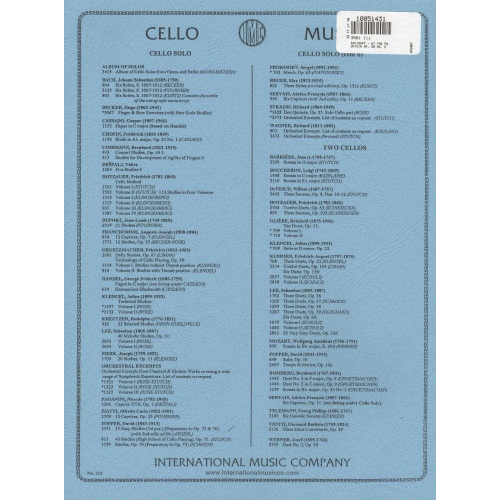 At the Fountain in D Major, Op 20 No 2 - Davidov, Carl - Cello and Piano - edited by Rose - International Music Company