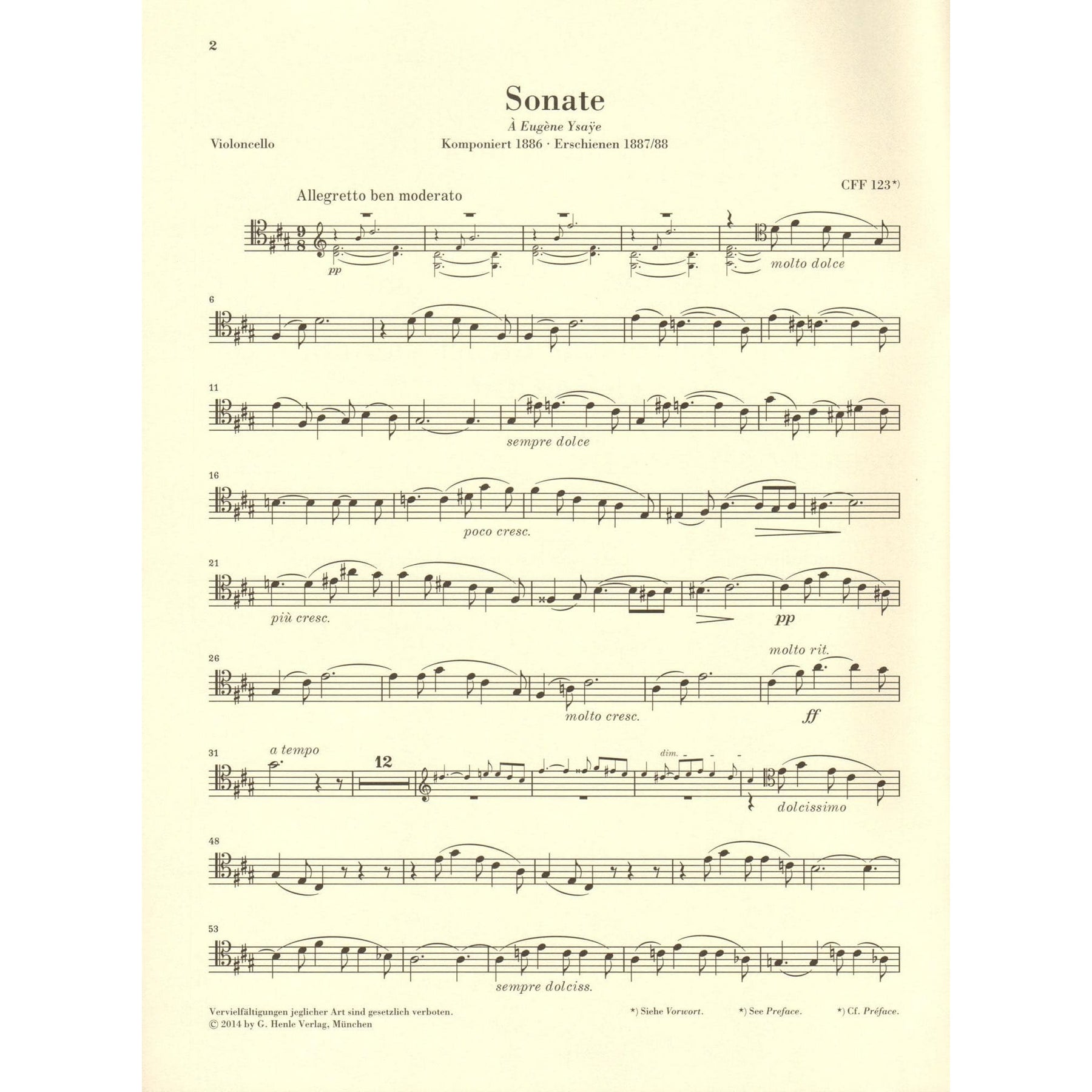 Franck, Cesar - Sonata in A Major - arranged for Cello and Piano - edited by Jost, Schilde, and Poltera - G Henle URTEXT