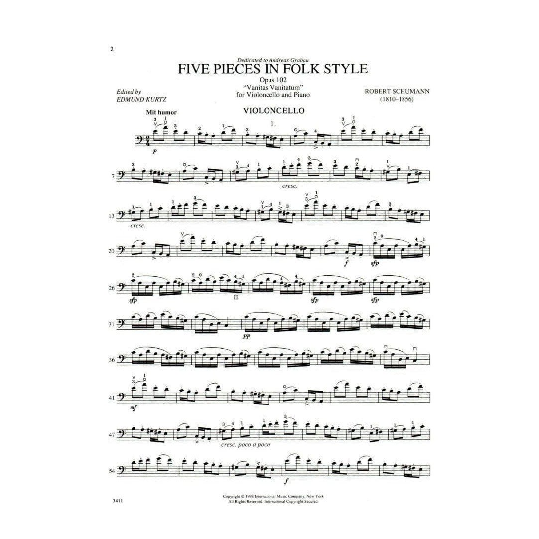 Schumann, Robert - Five Pieces in Folk Style, Op 102 For Cello and Piano Edited by Kurtz Published by International Music Company