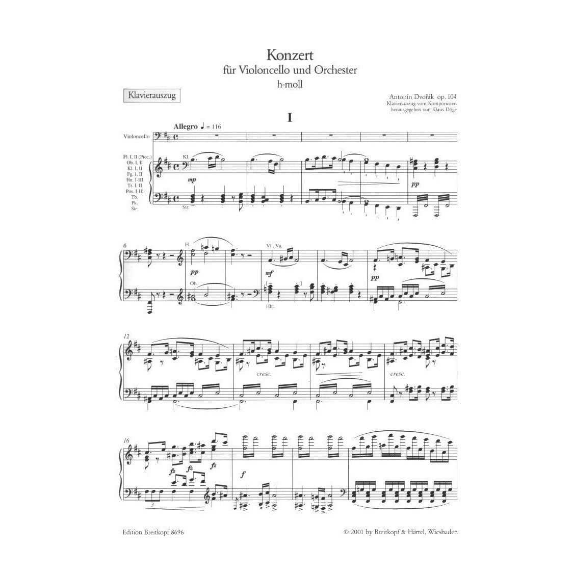 Dvorak, Antonin - Cello Concerto in B Minor, Op 104 - Cello and Piano - edited by Doge and Schiff - Breitkopf Edition