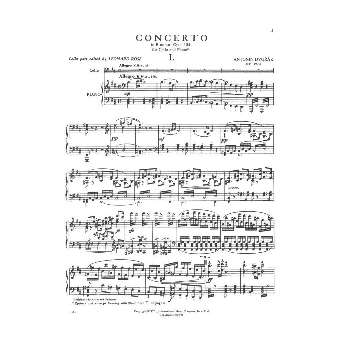 Dvorak, Antonin - Cello Concerto in B Minor, Op 104 - Cello and Piano - edited by Rose - International Music Company