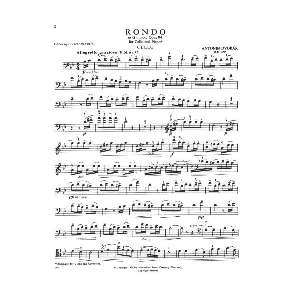 Rondo in G Minor, Op 94 - Dvorak, Antonin - Cello and Piano - edited by Rose - International Music Company