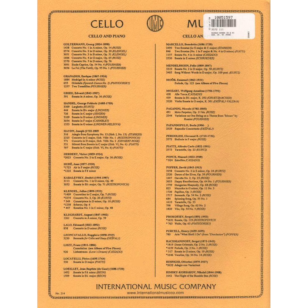 Rondo in G Minor, Op 94 - Dvorak, Antonin - Cello and Piano - edited by Rose - International Music Company