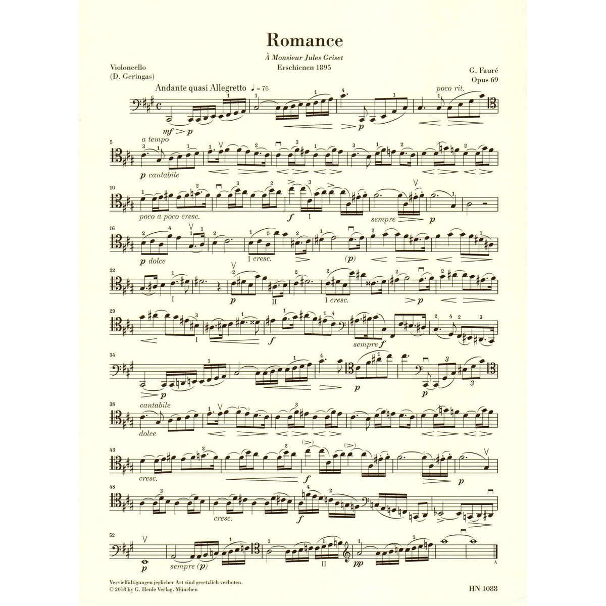 Faure, Gabriel - Romance, Op 69 - for Cello and Piano - G Henle Verlag