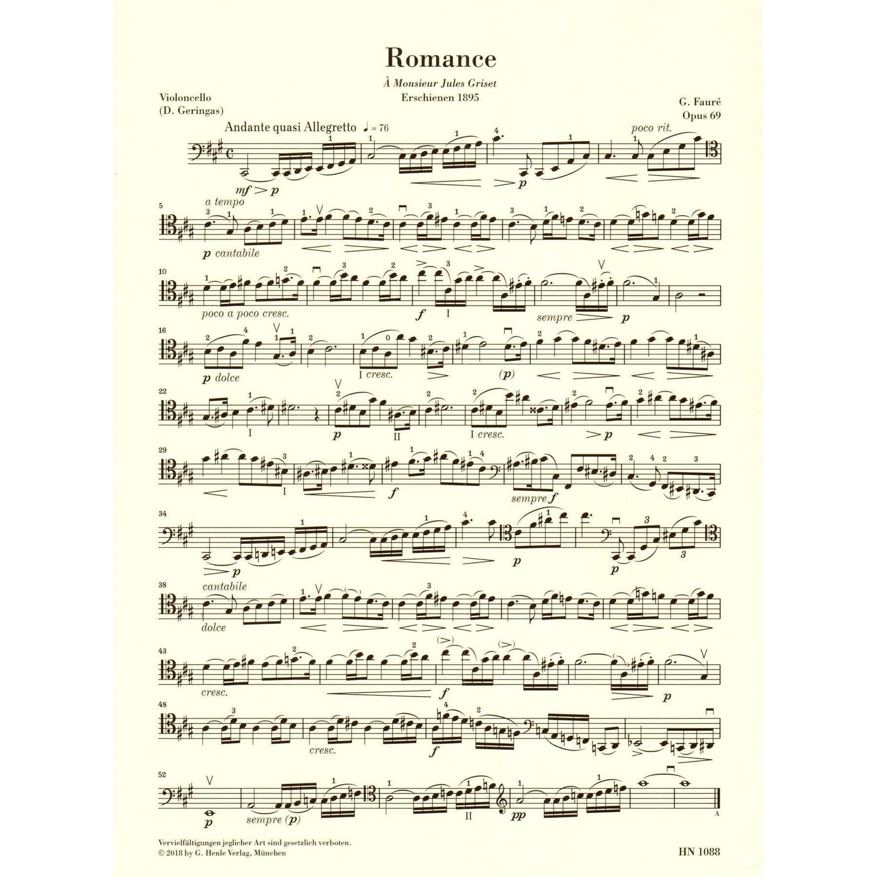 Faure, Gabriel - Romance, Op 69 - for Cello and Piano - G Henle Verlag