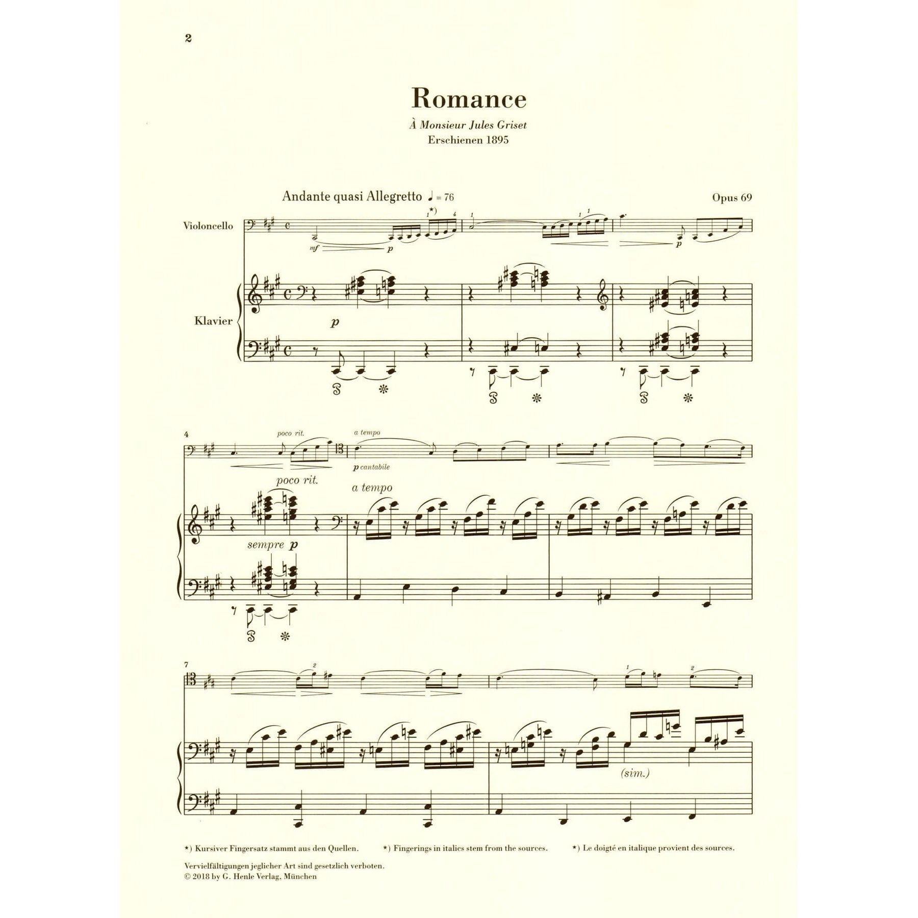 Faure, Gabriel - Romance, Op 69 - for Cello and Piano - G Henle Verlag