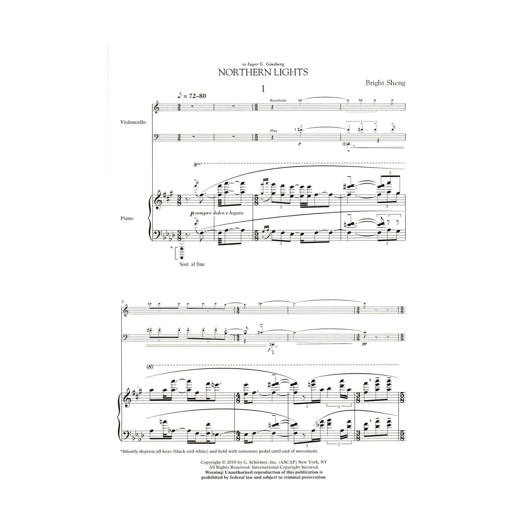 Sheng, Bright - Northern Lights - for Cello and Piano - G Schirmer Edition