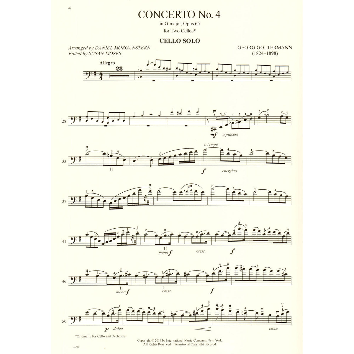 Goltermann, G. - Concerto No. 4 in G Major, Op. 65 - For Cello (with Optional Cello Accompaniment) - edited by Daniel Morganstern and Susan Moses - International Edition