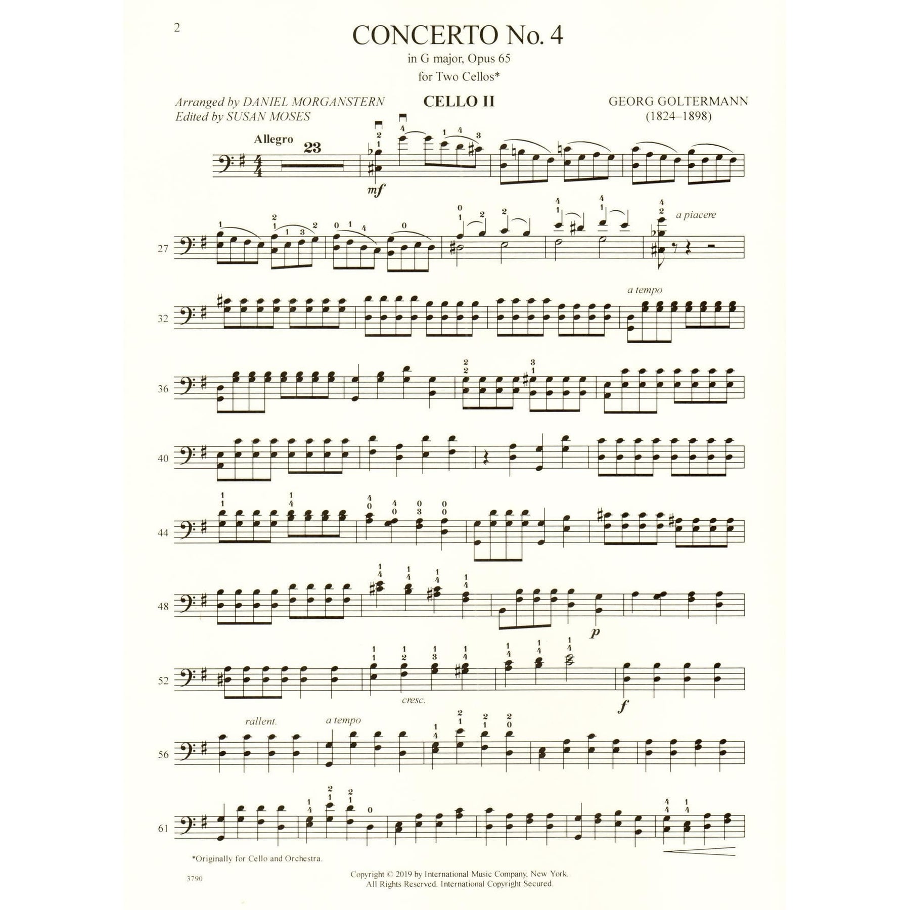 Goltermann, G. - Concerto No. 4 in G Major, Op. 65 - For Cello (with Optional Cello Accompaniment) - edited by Daniel Morganstern and Susan Moses - International Edition