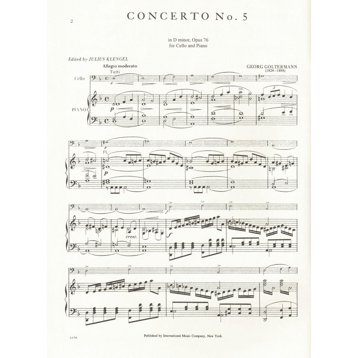 Goltermann, Georg - Concerto No 5 in d minor, Op 76 - Cello and Piano - edited by Julius Klengel - International Edition