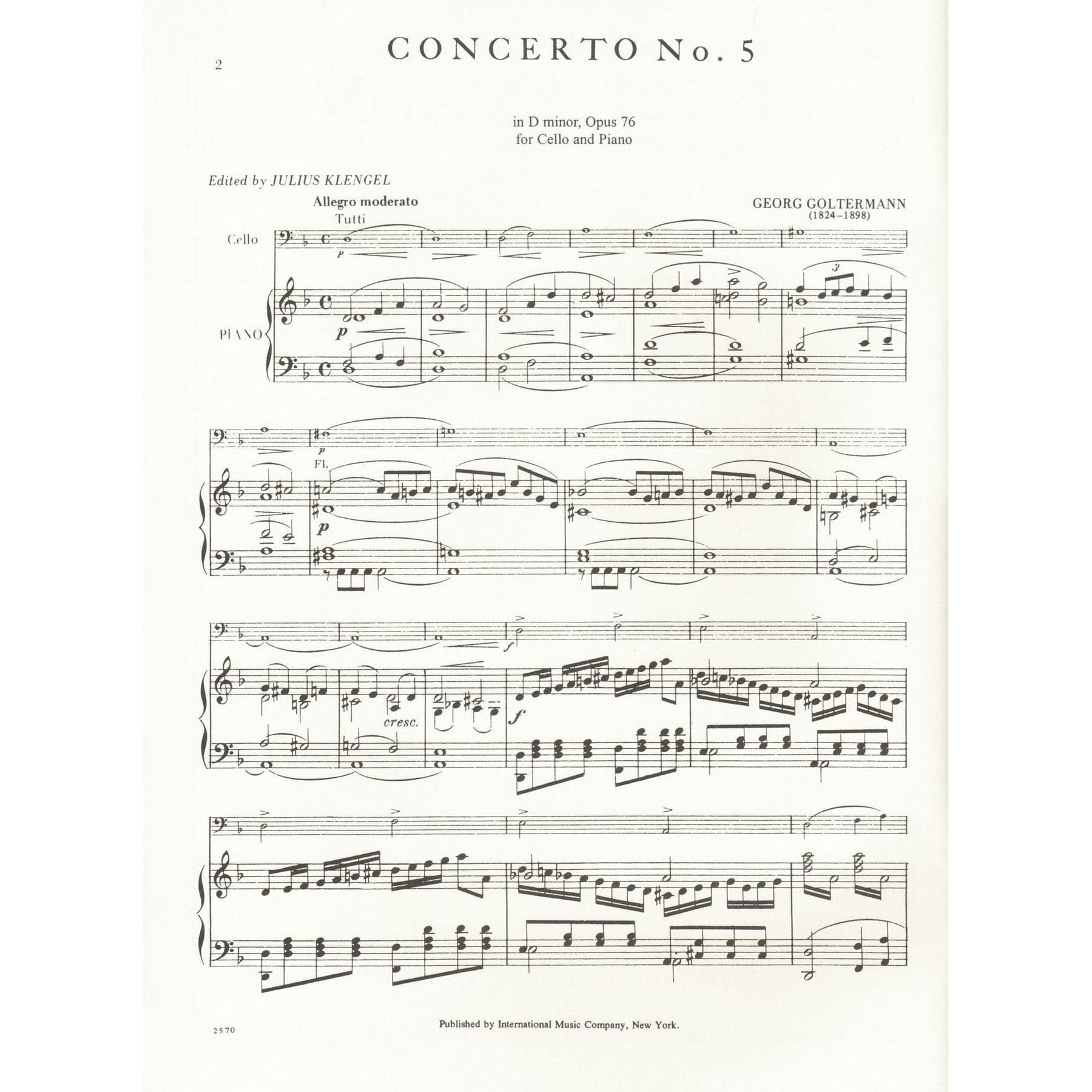 Goltermann, Georg - Concerto No 5 in d minor, Op 76 - Cello and Piano - edited by Julius Klengel - International Edition