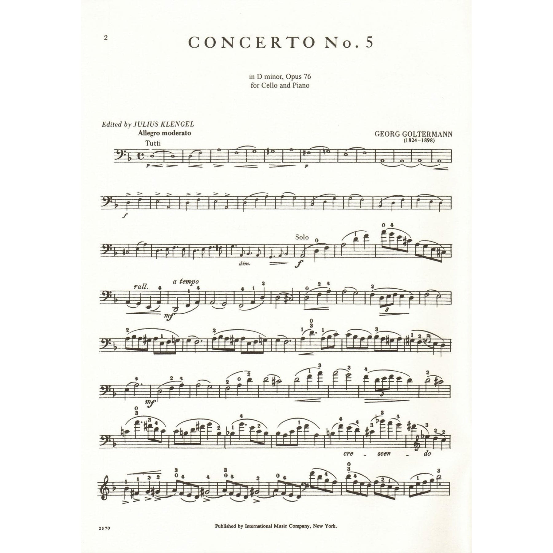Goltermann, Georg - Concerto No 5 in d minor, Op 76 - Cello and Piano - edited by Julius Klengel - International Edition