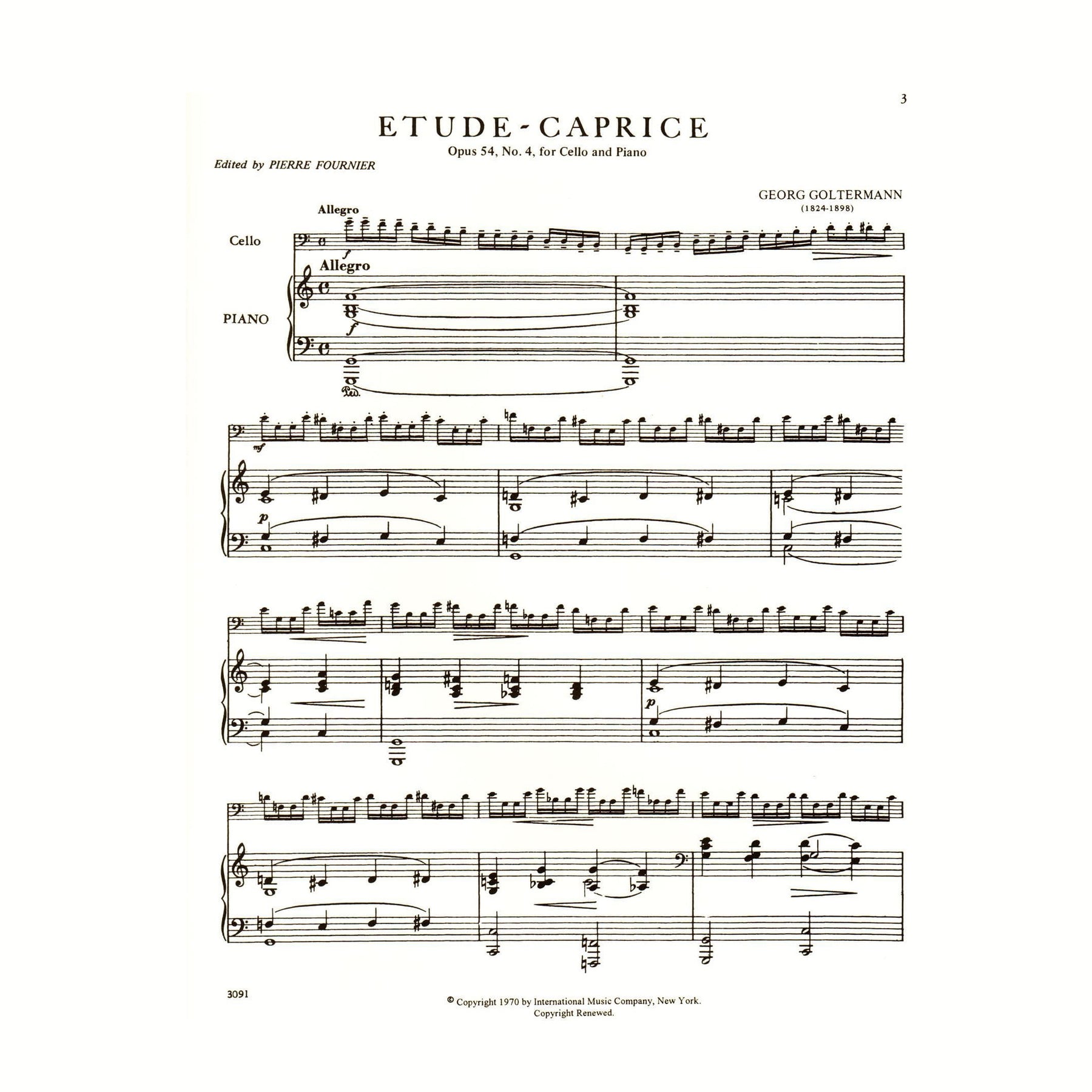 Goltermann, Georg - Etude-Caprice, Op 54, No 4 - Cello and Piano - edited by Pierre Fournier - International Edition
