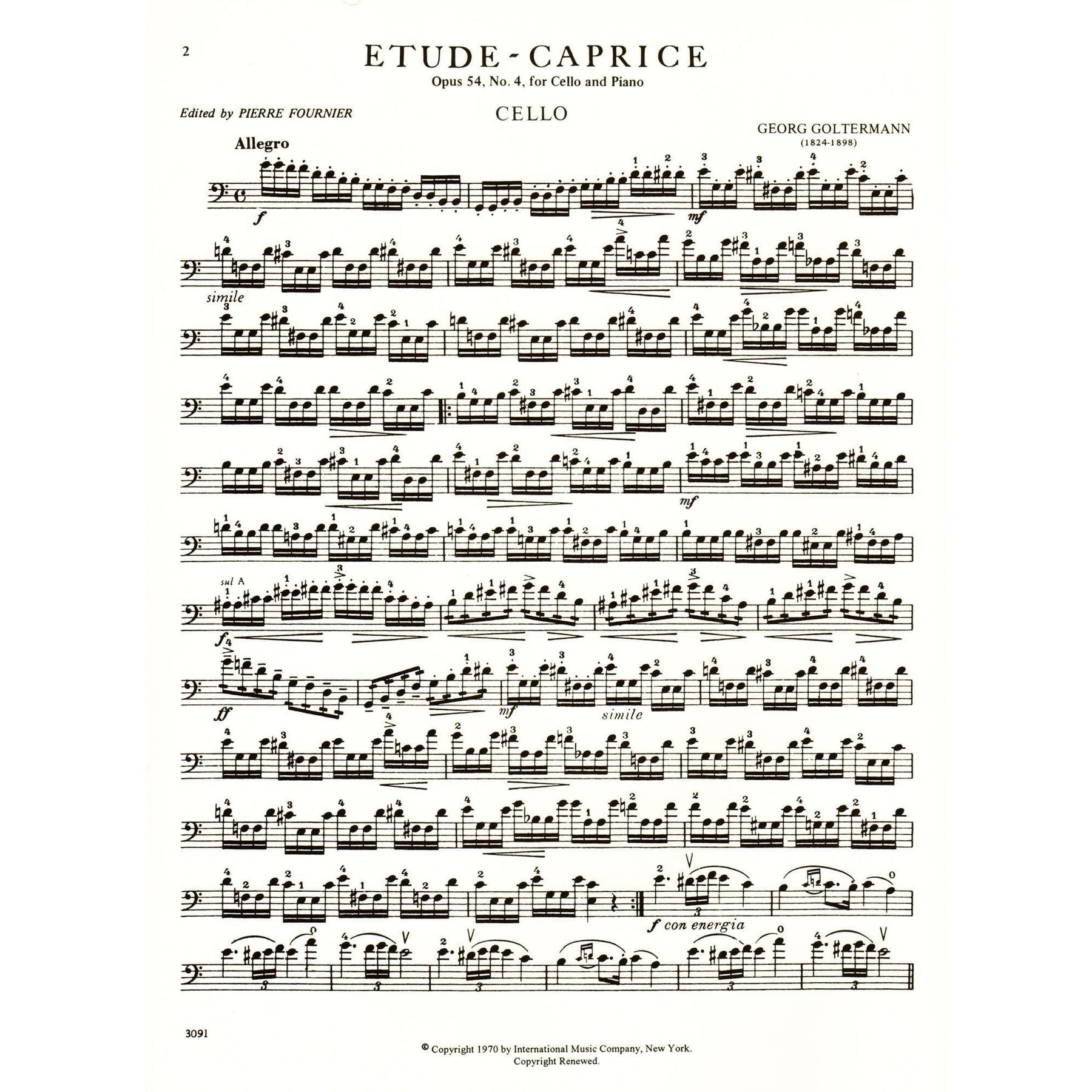 Goltermann, Georg - Etude-Caprice, Op 54, No 4 - Cello and Piano - edited by Pierre Fournier - International Edition