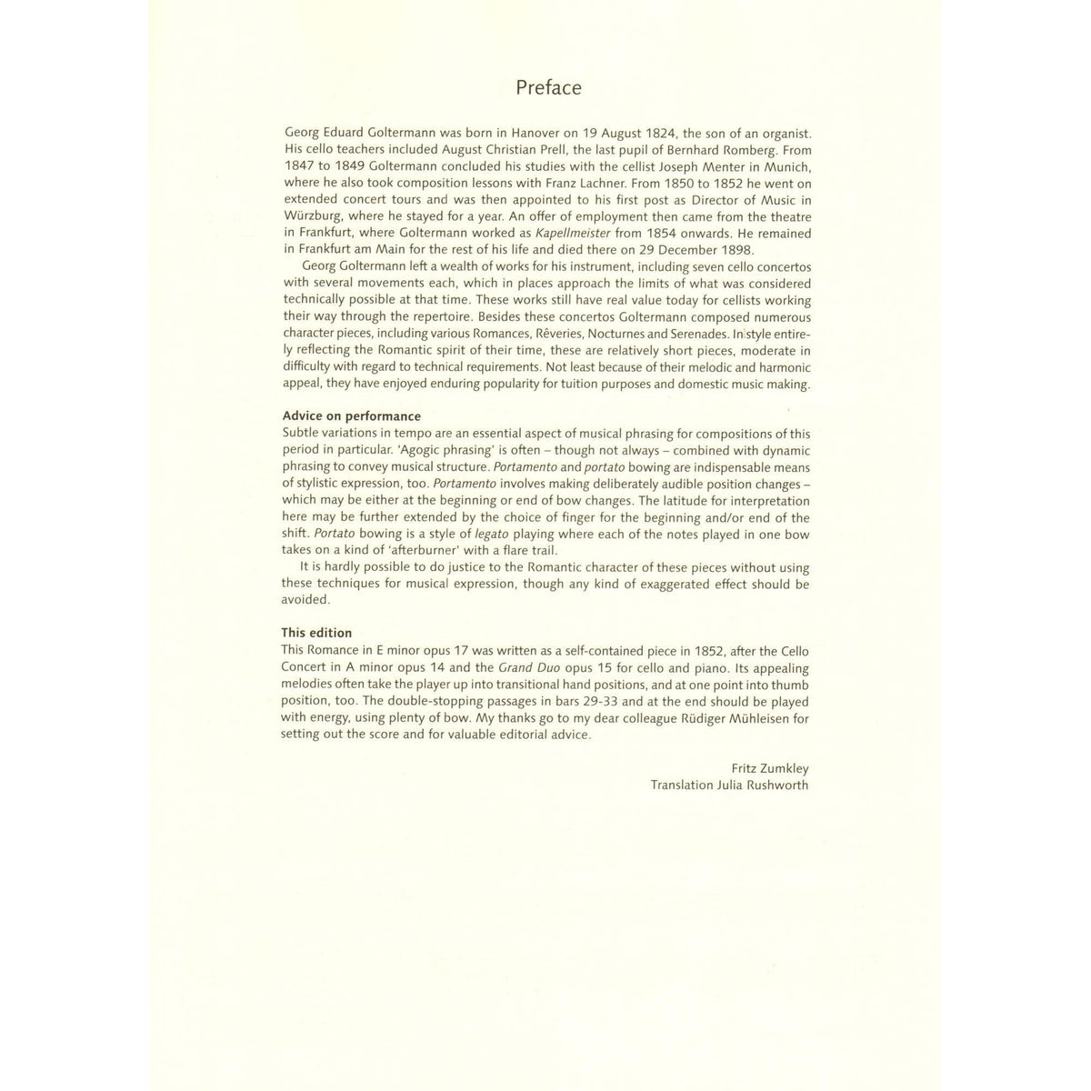 Goltermann, Georg - Romanze, Opus 17 - for Cello and Piano - edited by Fritz Zumkley - Edition Schott