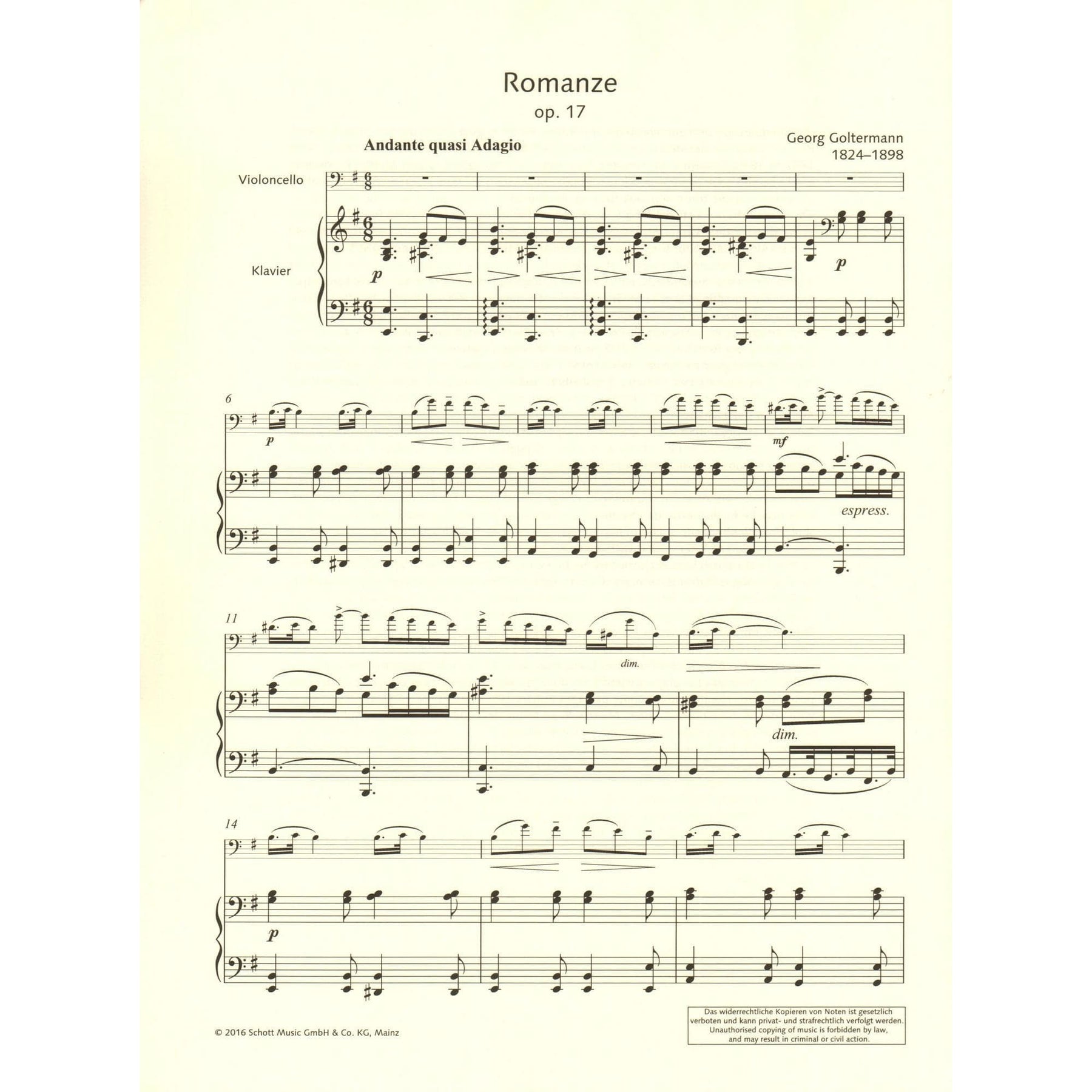 Goltermann, Georg - Romanze, Opus 17 - for Cello and Piano - edited by Fritz Zumkley - Edition Schott