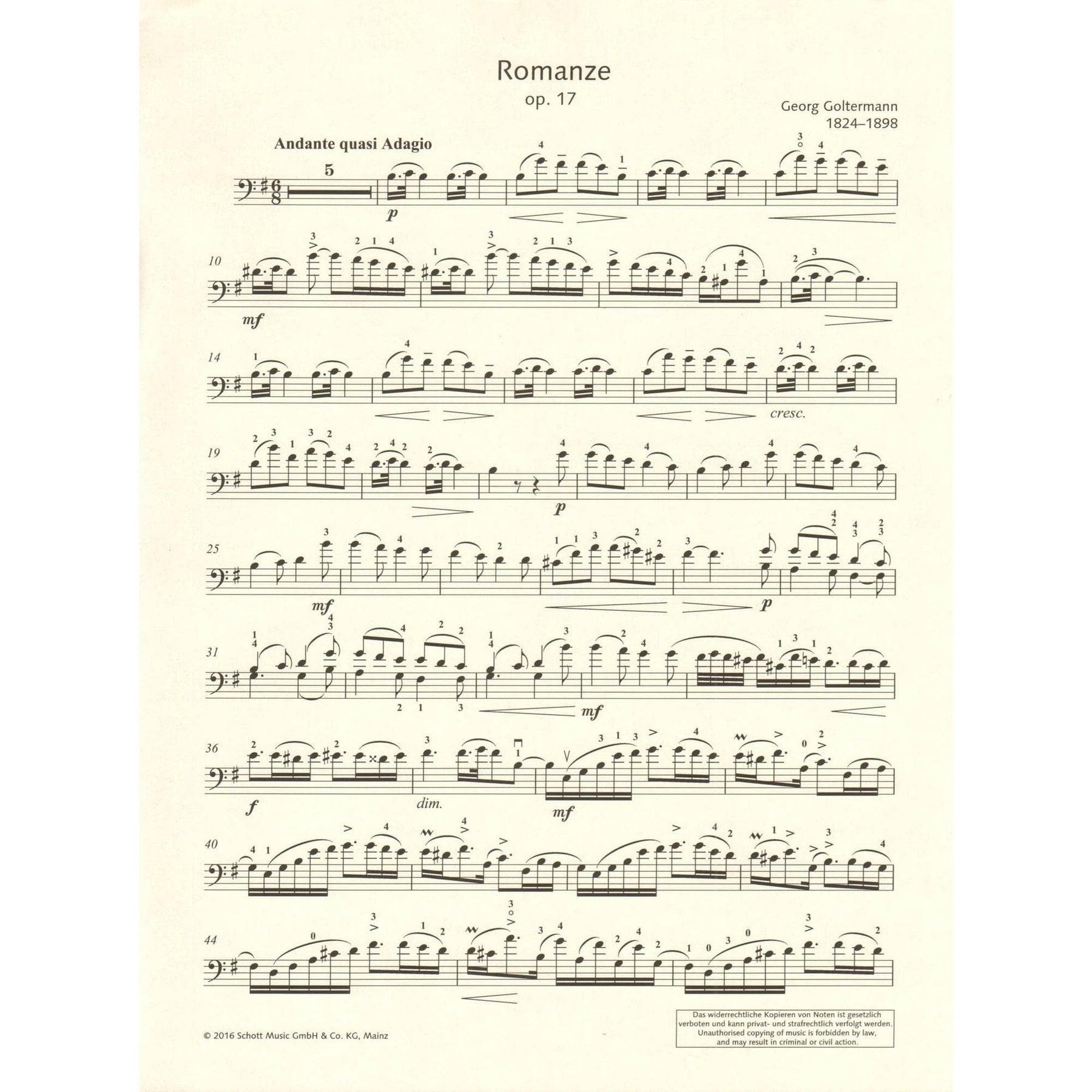 Goltermann, Georg - Romanze, Opus 17 - for Cello and Piano - edited by Fritz Zumkley - Edition Schott