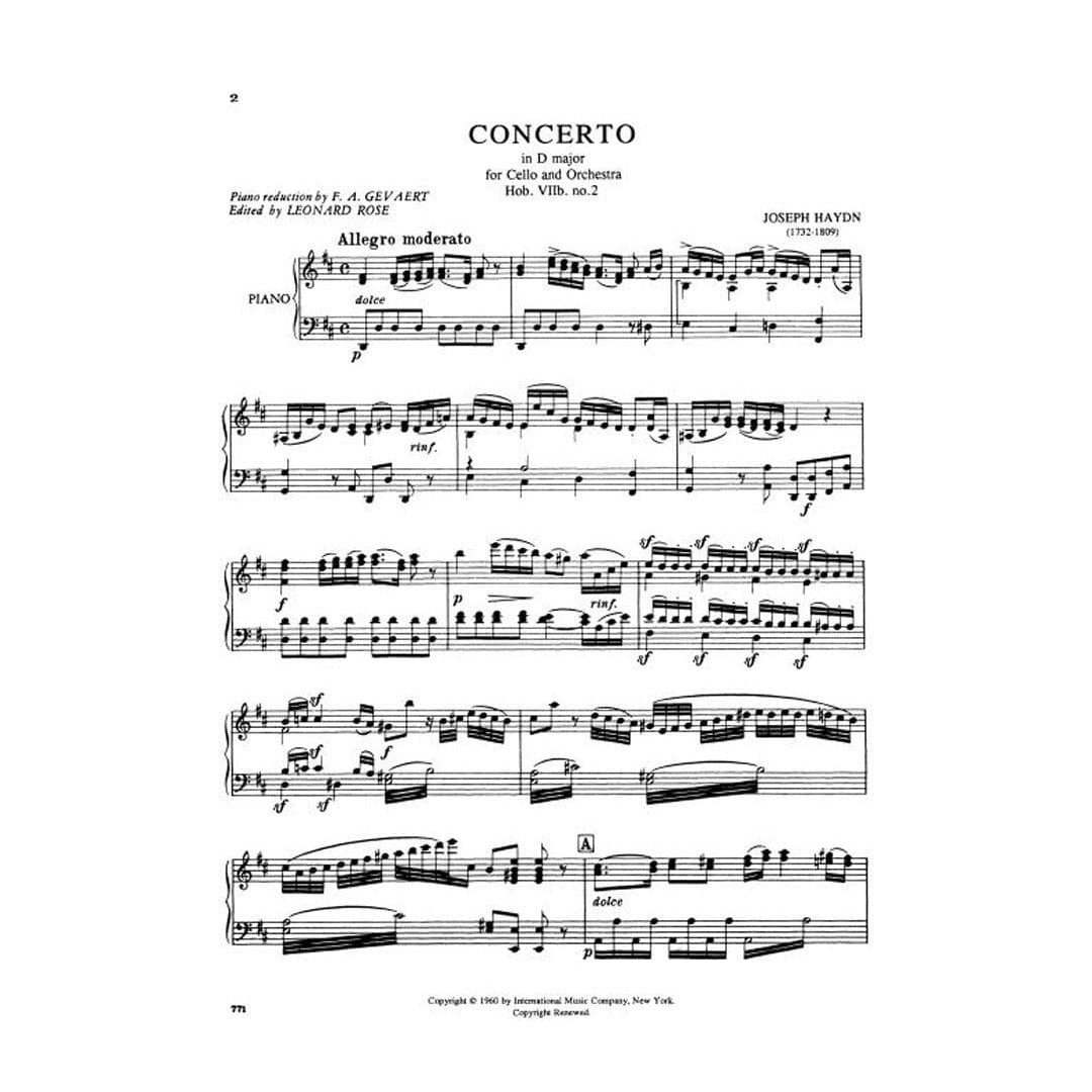 Haydn, Franz Joseph - Concerto in D Major, Hob VIIb:2 - Cello and Piano - edited by FA Gevaert and Leonard Rose - International Edition