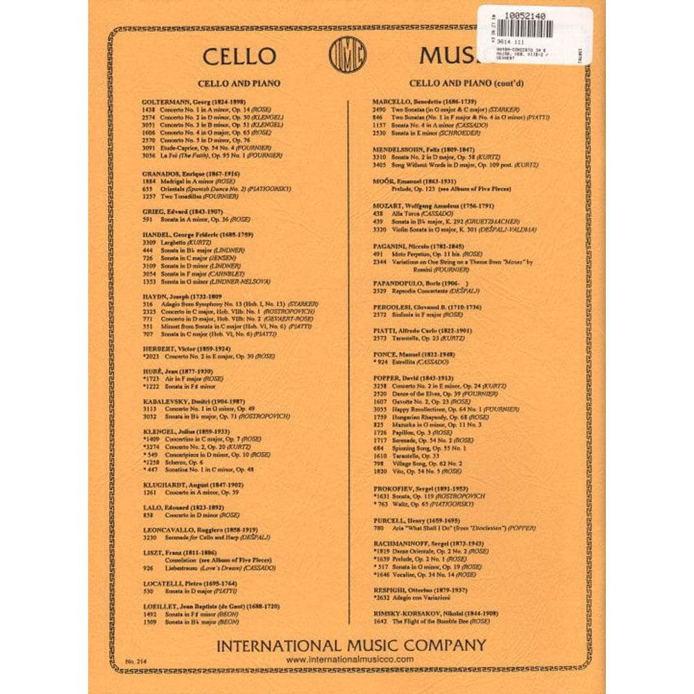 Haydn, Franz Joseph - Concerto in D Major, Hob VIIb:2 - Cello and Piano - edited by FA Gevaert and Leonard Rose - International Edition