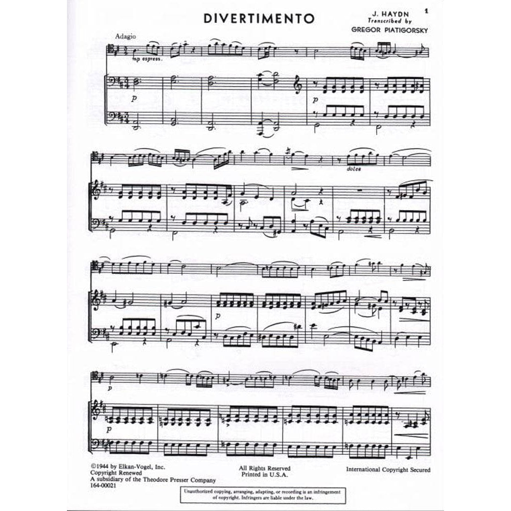 Haydn, Franz Joseph - Divertimento in D Major - Cello and Piano - edited by Gregor Piatigorsky - Elkan-Vogel Edition