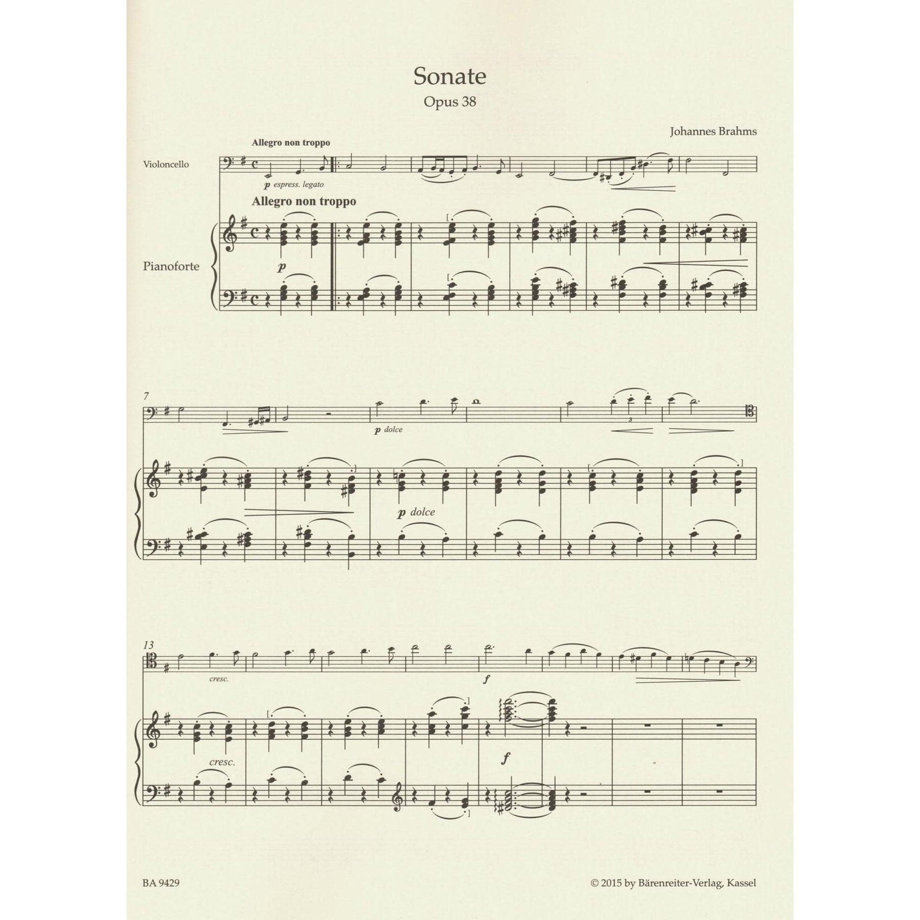 Brahms, Johannes - Sonata in E minor, Op 38 - for Cello and Piano - edited by Clive Brown, Kate Bennett Wadsworth, and Neal Peres Da Costa - Barenreiter URTEXT