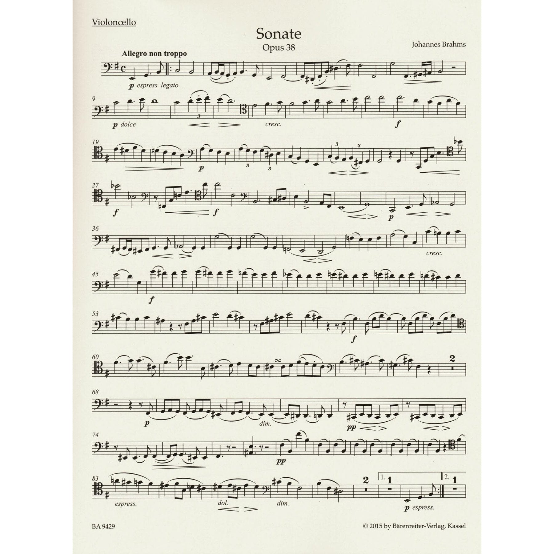 Brahms, Johannes - Sonata in E minor, Op 38 - for Cello and Piano - edited by Clive Brown, Kate Bennett Wadsworth, and Neal Peres Da Costa - Barenreiter URTEXT