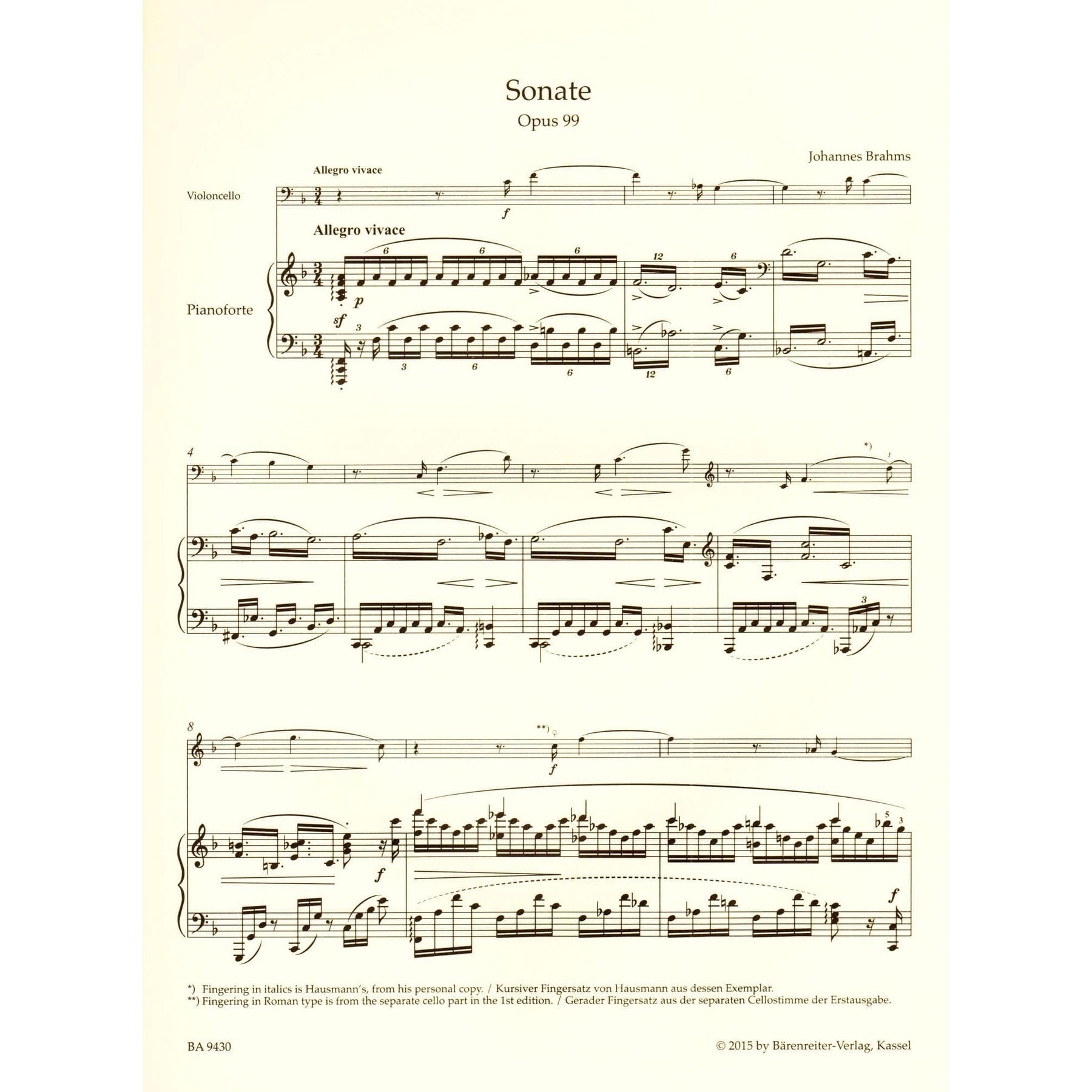 Brahms, Johannes - Sonata in F Major, Op 99 - for Cello and Piano - edited by Clive Brown, Kate Bennett Wadsworth, and Neal Peres Da Costa - Barenreiter URTEXT