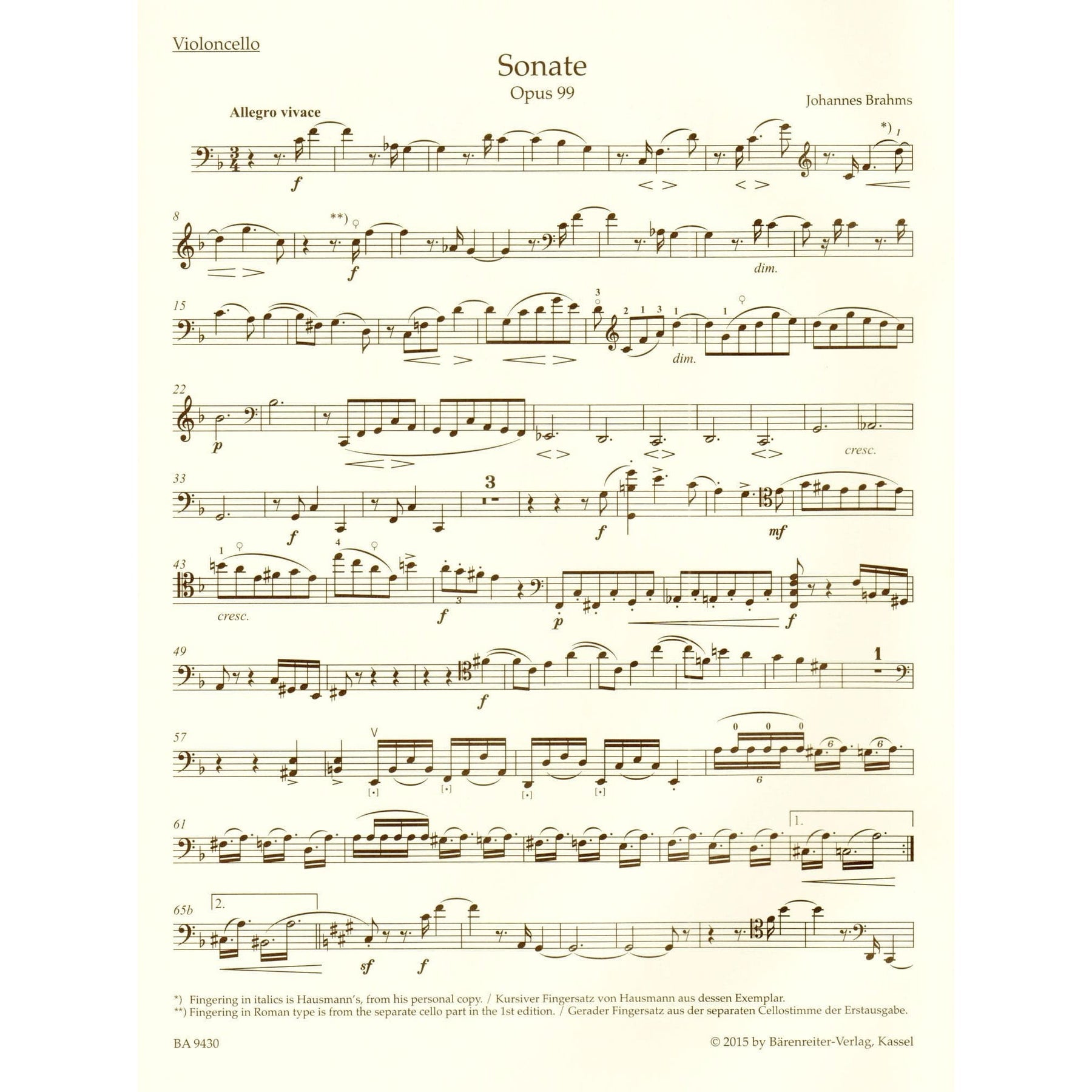 Brahms, Johannes - Sonata in F Major, Op 99 - for Cello and Piano - edited by Clive Brown, Kate Bennett Wadsworth, and Neal Peres Da Costa - Barenreiter URTEXT